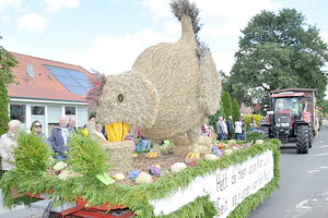 Der Ernteumzug mit Dutzenden Wagen, aufwändig gestalteten Motiven und Scharen von Schaulustigen ist der Höhepunkt im Klostermoorer Veranstaltungsreigen. Im vergangenen Jahr fiel er aus, dieses Jahr vermutlich auch. Das schmerzt viele Fans. Foto: Archiv